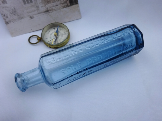 Victorian Octagonal Aqua Medicine Bottle ~ Collins' Cough Elixir, Sole Proprietor J. Kemp Lincoln. Antique Chemist Bottle, Pharmacy