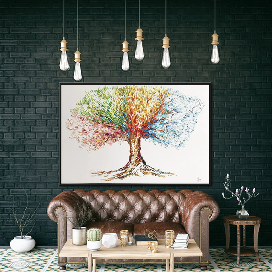 Large Abstract Tree Painting On Canvas Four Seasons Wall Art Impasto Personalized 36x54 Above Bed Decor