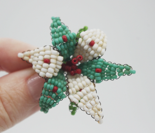 Vintage Handmade Seed Bead Flower Pin/Brooch Turquoise, White, Green, Red