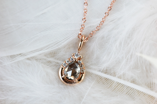 Salt & Pepper Pear Diamond Necklace Pendant Unique Jewelry Bridal Engagement Modern Rose Gold
