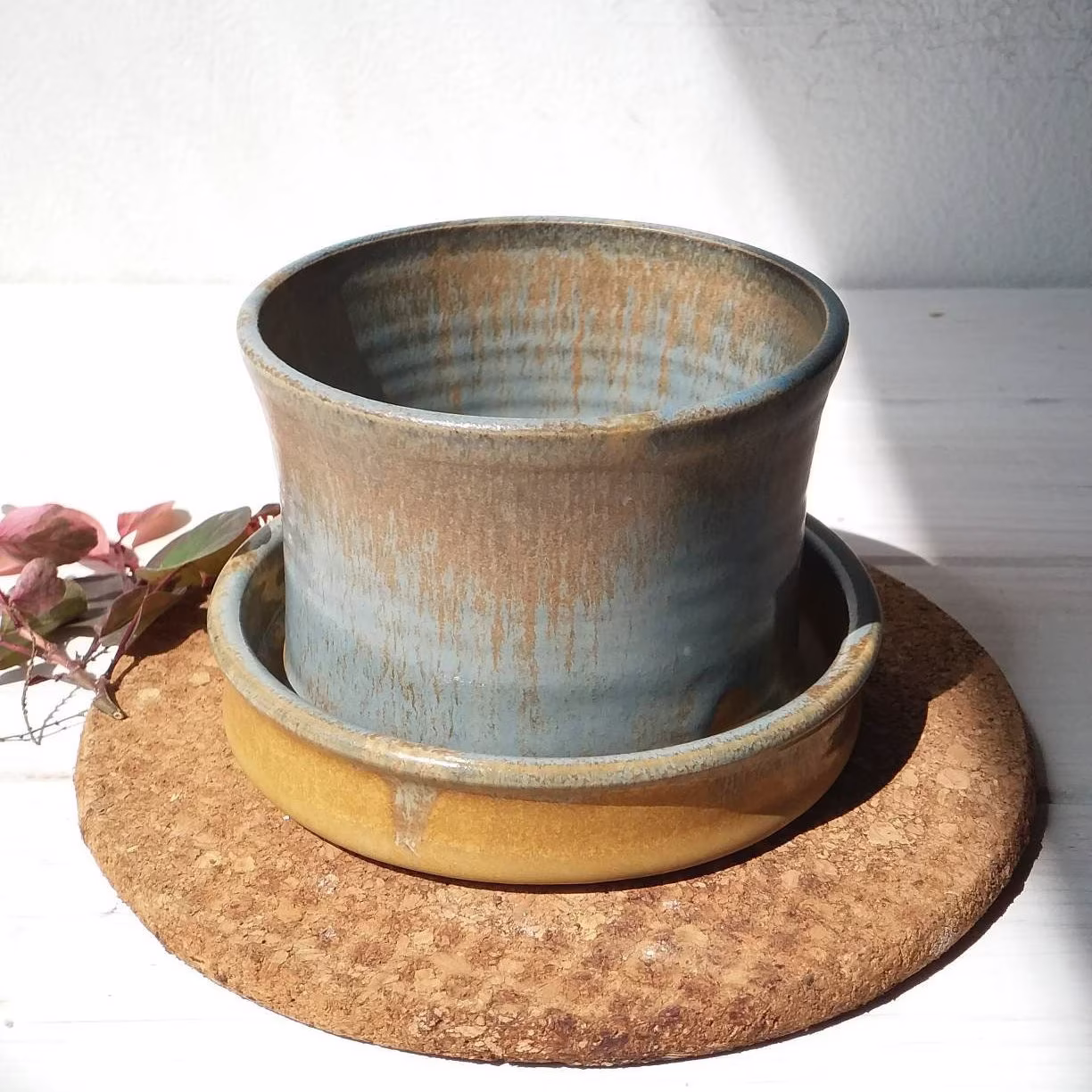 Pottery Plant Pot, Planter With Dish, Succulent Hole, Ceramic Pot & Plate, Blue Planter, With Hole