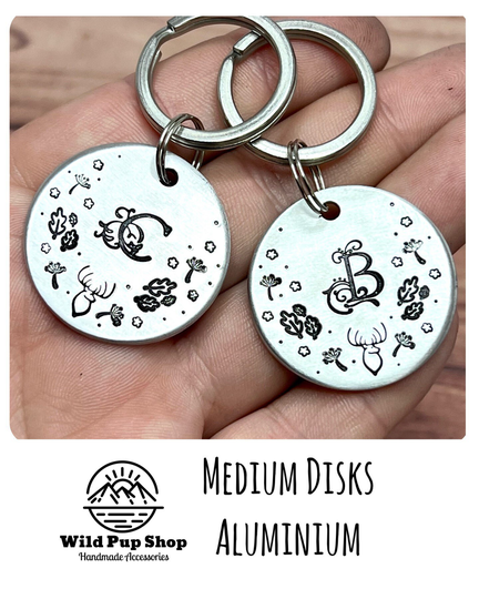 Seasonal Personalised Custom Autumn Fall Deer Stag Antler Leaves Leaf , Hand Stamped Metal Dog ID Tag Dogtag Keyring