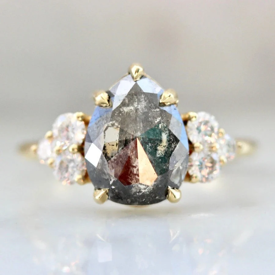 2.05Ct Salt & Pepper Diamond Pear Rose Cut 18K Yellow Gold Handmade Grey Ring | Wedding Anniversary Gift Gratitude