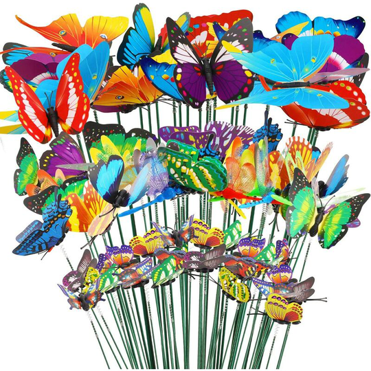 Qersta - 32 Animals Garden Sculptures Decoration, 24 Butterflies Garden Sticks, 8 Dragonflies Garden Sticks, Colorful Stakes Sticks for Garden Patio