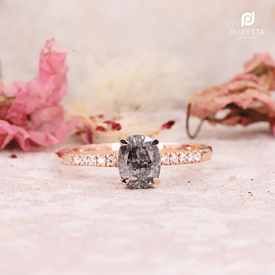 Salt & Pepper Diamond Ring | Engagement Oval Gold Art Deco Natural Proposal