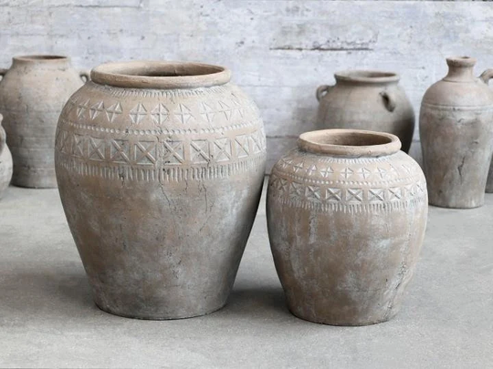 Large Terracotta Pot With Pattern - Rustic Natural Ceramic Urn Unique Modern Boho Dried Faux Flower Vase, Indoor Storage Jar, 2 Sizes