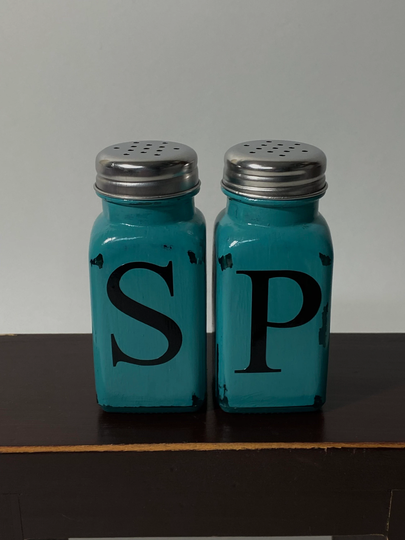 Rustic Salt & Pepper Shakers, Farmhouse Style, Kitchen Decor, Country Housewarming Gift, Painted Teal, Distressed, Shabby Accent