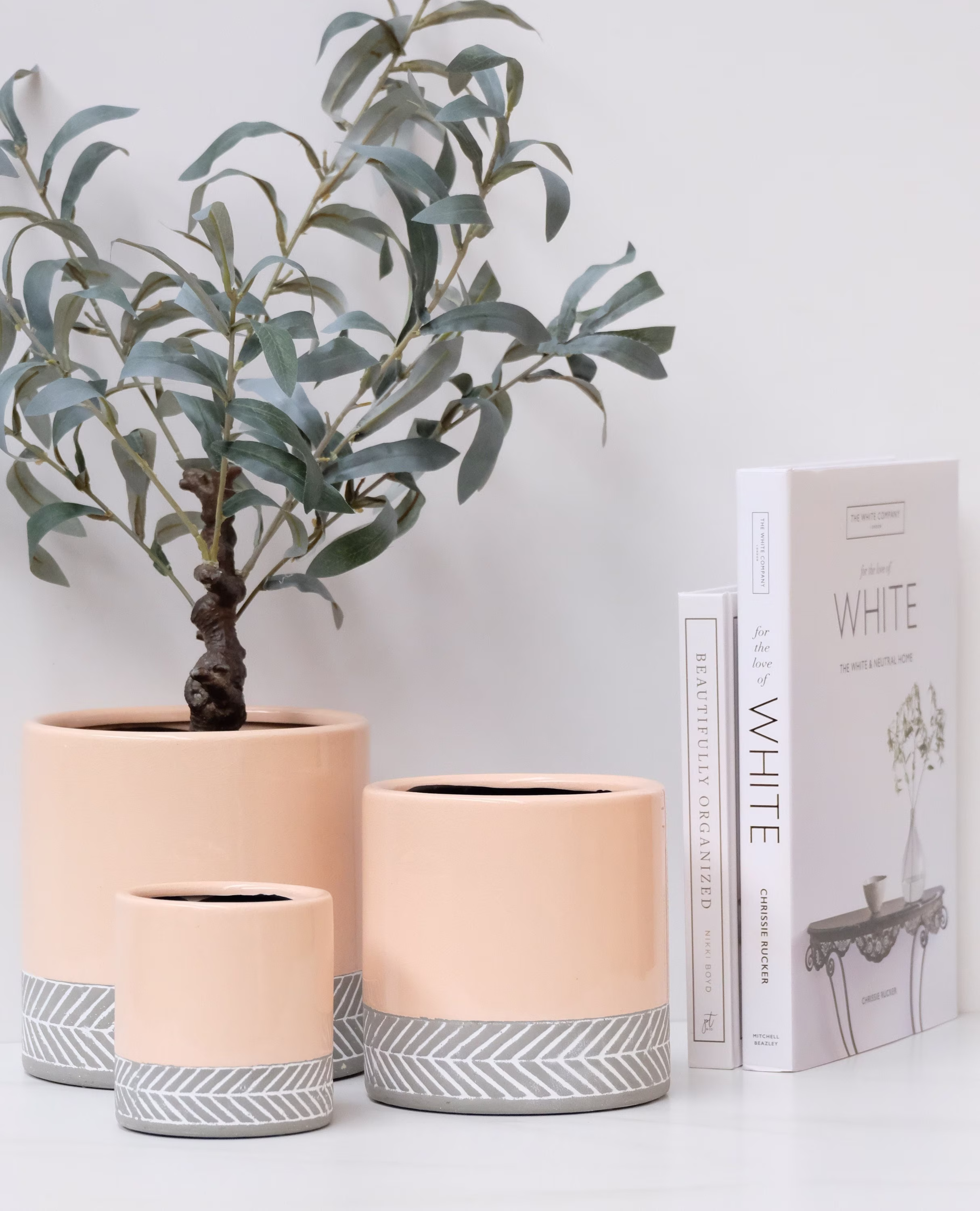 Pastel Pink Ceramic Planter With Grey Zig Zag Patterned Base - Various Sizes Glazed Decorative Plant Pot Indoor House