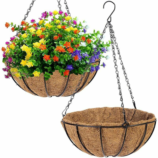 2PCS Metal Hanging Planters Basket with Coir Liner, 12 Inch Round Wire Plant Hanging Basket with Chain, Porch Decor Flower Pots Hanger Garden Decor