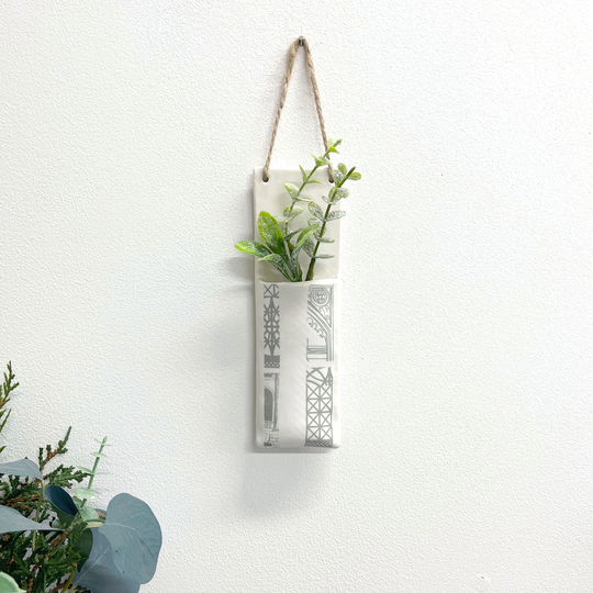 Narrow Hanging Planter Pocket - Grey Architecture Print Design Wall Planter Vase -Decorative Homeware Handmade Porcelain Gift