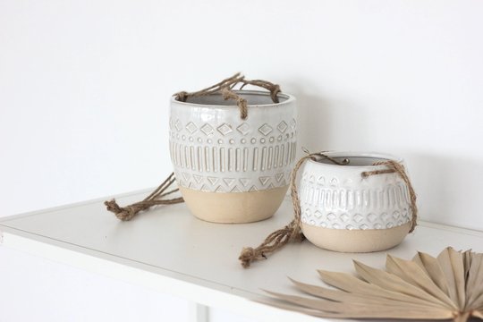Patterned Ceramic White & Beige Hanging Planter Pot