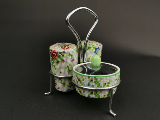 Vintage Ceramic Cruet Set in Silver Chrome Metal Stand Salt & Pepper Shakers Mustard Honey Pot Jar 1940's - 1950's Multicolored