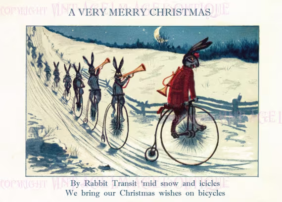 Antique Edwardian Illustration A Troupe Of Rabbits Cycling Through The Snow Christmas Season Winter Solstice Holiday 5x7 Greeting Card