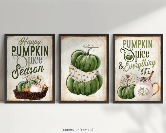 Set Of 3 Green Pumpkin Spice Signs, Autumn Home Decor, Wall Art, Halloween Print, Seasonal