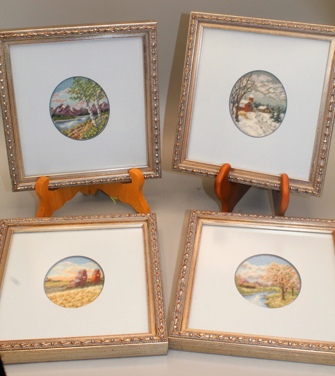 4 Petit Point Season Scenes Nicely Framed & Matted Country Prairie Scenes Grain Elevator, Barn. Mountains, River