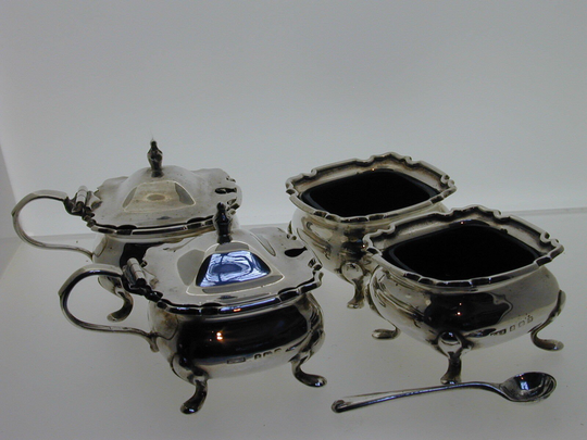 Silver Cruet Set Blue Glass Mustard Salt 1 Spoon 1917 E S Barnsley & Co 253.3G