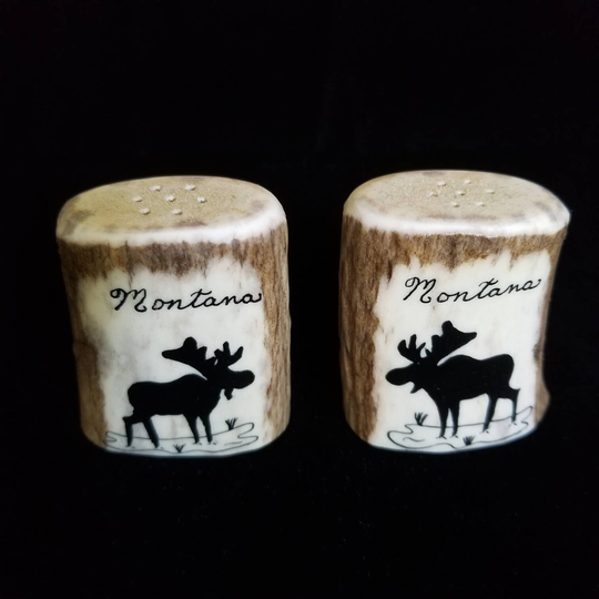 Vintage Montana Elk Horn Salt & Pepper Shakers With Moose Design