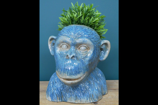 Blue Glazed Monkey Head Pot Holder Planter Indoor Outdoor