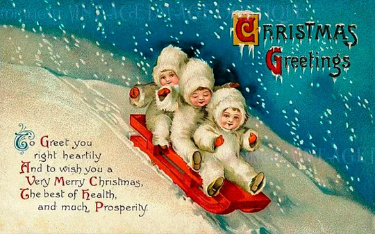 Antique Illustration Of Snow Babies On A Sledge/Sled Christmas Season Winter Solstice Holiday 5x7 Greeting Card