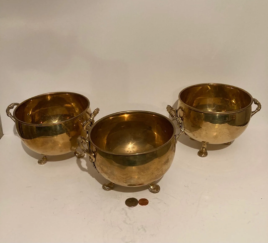 3 Vintage Metal Brass Planters, Dish, Clawfoot Legs, Beautiful Handles, 8" Wide, & 6