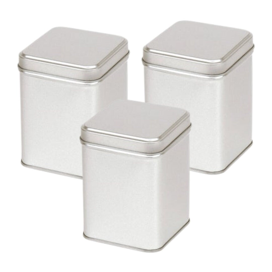 300Ml - 3x Square Tea Caddies. Plain Silver Storage Tin Ideal For Tea, Coffee, Sugar, Spices, Herbs, Seasoning, Biscuits