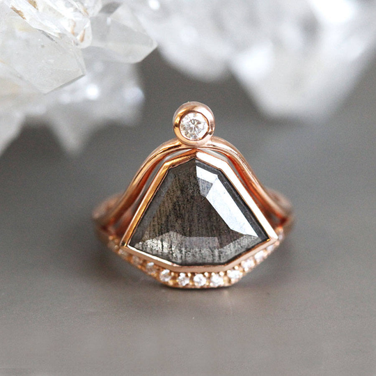 Salt + Pepper Diamond Engagement Ring With Curved Band, Rose Gold Ooak Engagement By Minimalvs