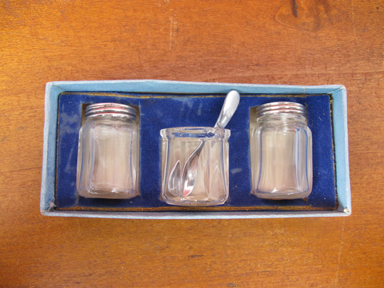 Vintage Glass & Silver Cruet Mustard Set. Glass Salt Pepper With Sterling Tops, Stainless Steel Spoon