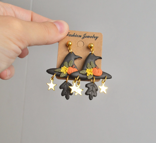 Halloween Witch Hat Clay Earrings|Boho Earrings|Clay Earrings|Fall Clips|statement Earrings|Pumpkin Earrings|Clay Earrings
