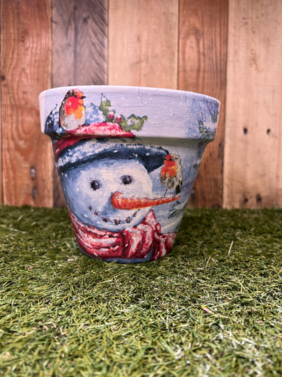 Snowman & Robin Plant Pot, Decoupaged Snowman Christmas Decor, Snowman., Decorations