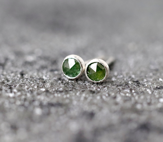Green Diamond Stud Earrings, April Birthstone, Genuine Salt & Pepper Minimalist 3mm Studs, Silver Or Gold