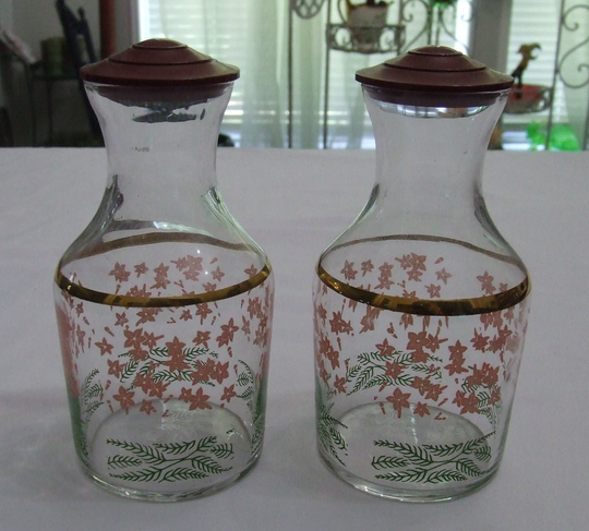 Two Vintage Art Deco Mid Century Clear Glass Vinegar & Oil Or Herb Spice Containers Jars Cruets Pink Flowers Gold Accent