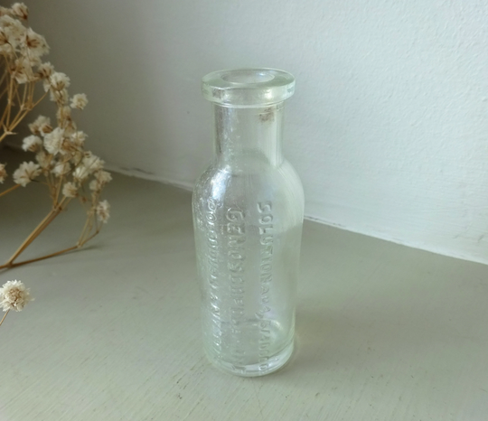 Antique Chemist Bottle, Small Clear Early 20Th Century Medicine Bottle Embossed Solution Au1 5/1000 0E, Genoscopolamine, Polonovski Nitzberg