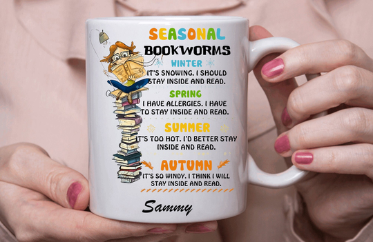 Book Lover Mug, Seasonal Bookworm Coffee /Tea Cup, Personalised Gift For Readers, Handmade in The UK