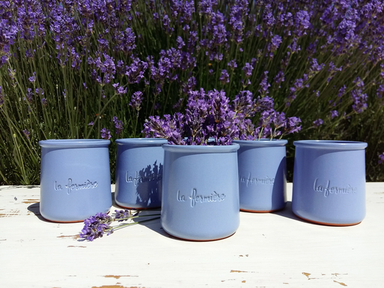Set Of Six Vintage French La Fermiere Pots. Lavender Blue Terracotta Yogurt Little Planters. Kitchen Decor. Table Decoration