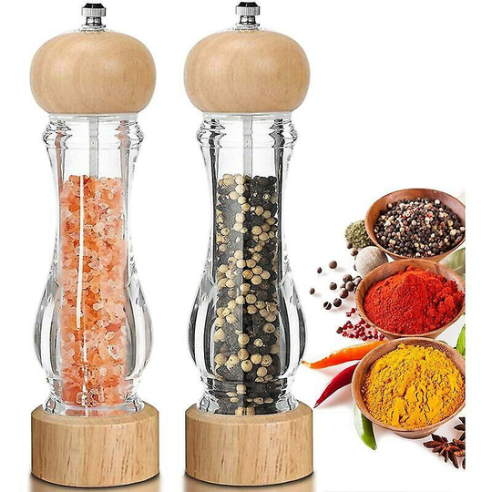 Aougo - Salt and Pepper Grinder, Set of 2 Wooden Manual Pepper Grinder, Adjustable Ceramic Grinder, Acrylic, Transparent Spice Grinders, Large