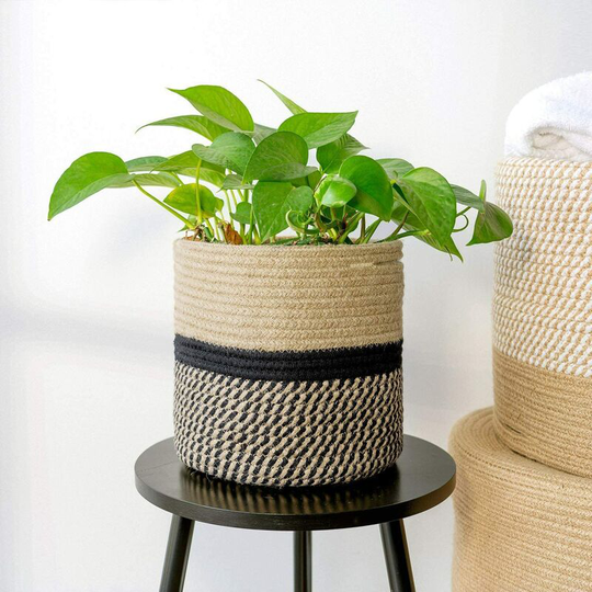 Echoo - Sturdy Jute Rope Plant Basket Modern Woven Basket up to 7.5 Inch Flower Pot Floor Indoor Planters, 8" x 8" Storage Organizer Basket Rustic