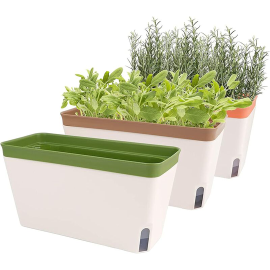 Self Watering Plant Pots, Set of 3 10.5 Inch Rectangular Windowsill Herb Planter Box, Modern Plastic Flower Pots for Indoor Outdoor Garden Office