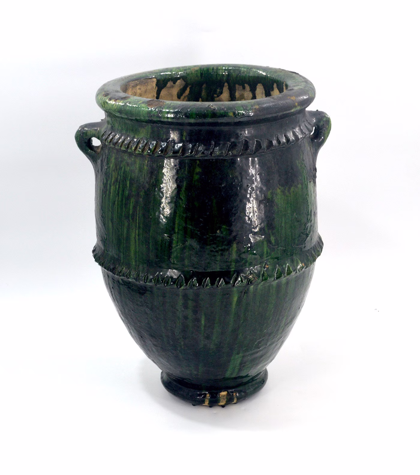 x Large 2 Earrings Glazed Double Rim Moroccan Tamegroute Green Garden Planter/Bowl Pot - H50 Ø35 cm Very Heavy + 12Kg