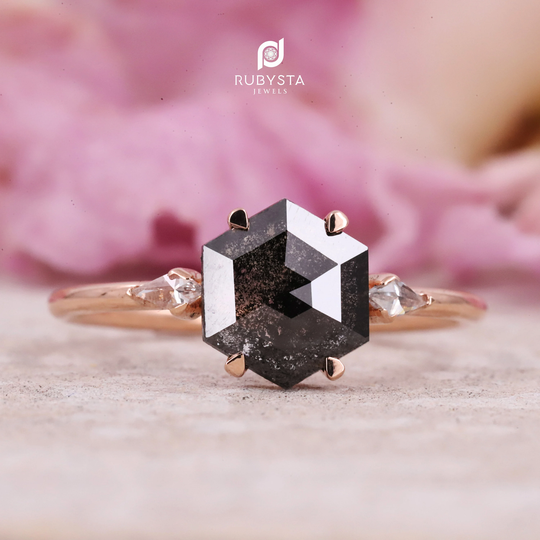 14K Salt & Pepper Diamond Ring| Engagement Hexagon Gold Art Deco Natural Ring|Promise Ring