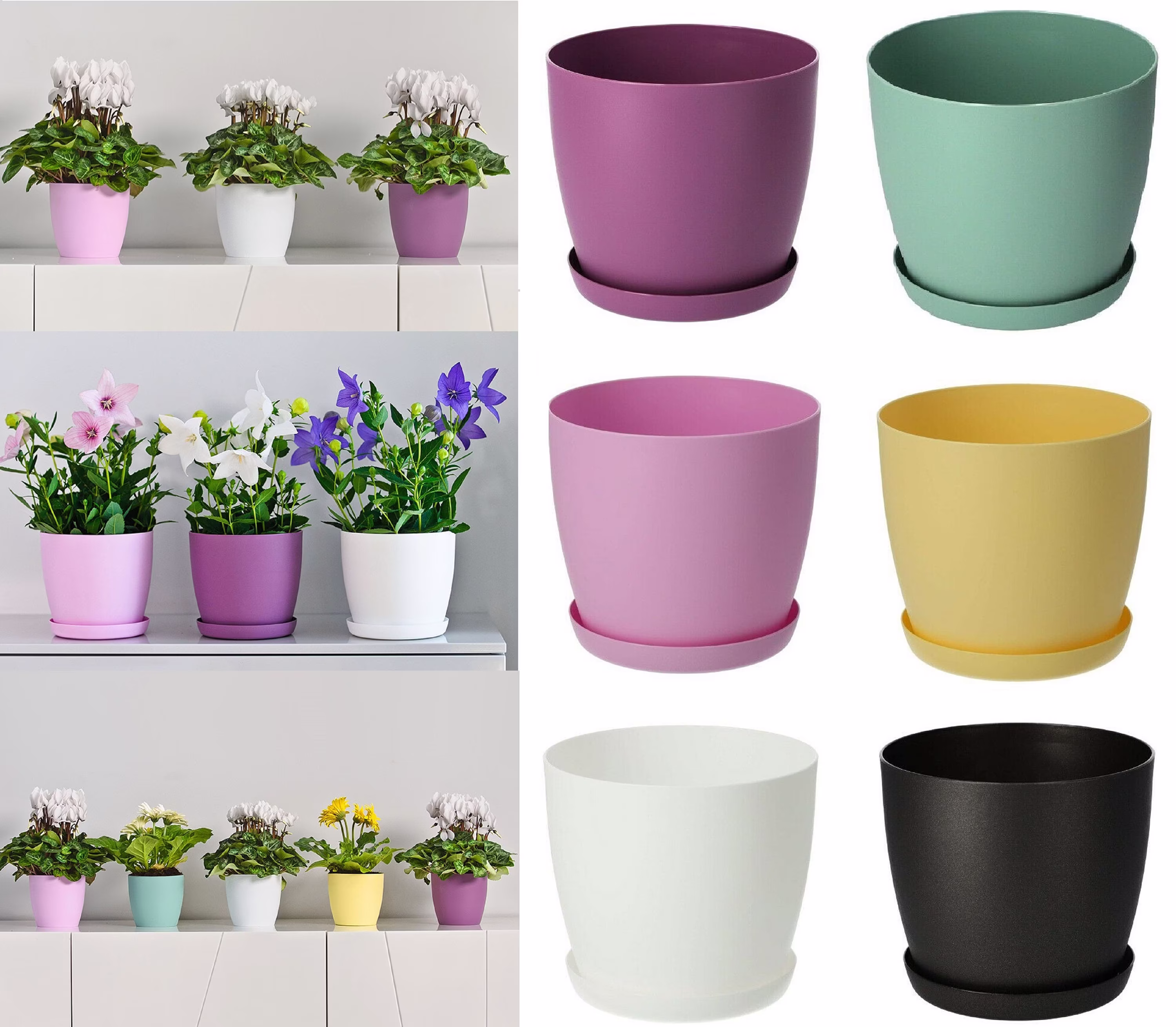 Flower Pots 6 Colours 8 Sizes Matt Plastic Plant Planter + Saucer Tray Deco