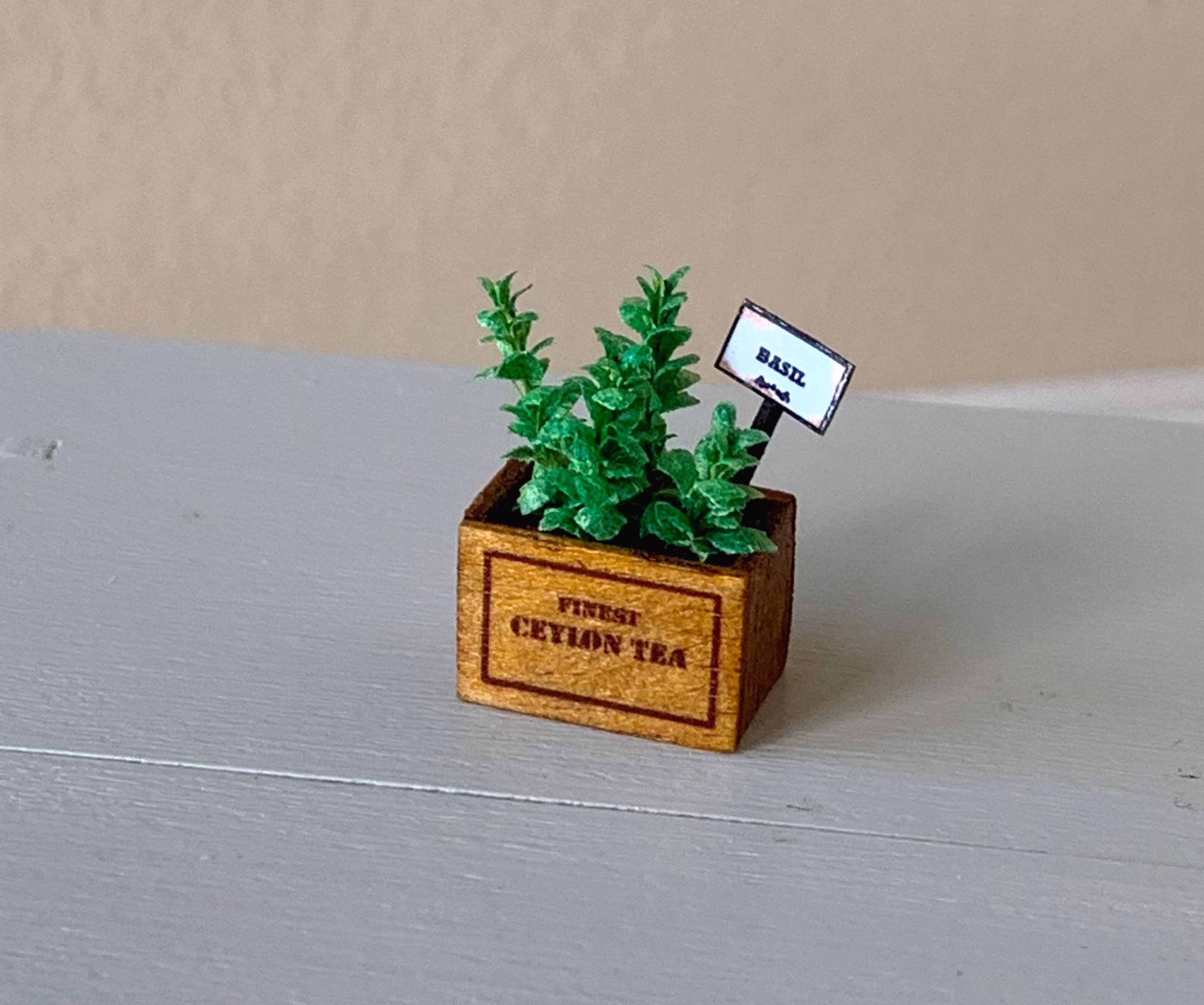 Dollhouse Miniature Basil Plant in Wooden Crate With