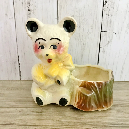 Anthropomorphic Teddy Bear With Bow Tree Stump Wood Ceramic Planter 1950S Mid-Century Kitsch Kitschy Marked V Nursery Decor Baby Shower