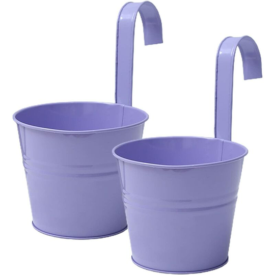 Aougo - 2 Pack 4' x 6' Metal Iron Hanging Flower Pots for Balcony Garden Plants Baskets Bucket Pots Flower Rack with Detachable Hook and Drainage