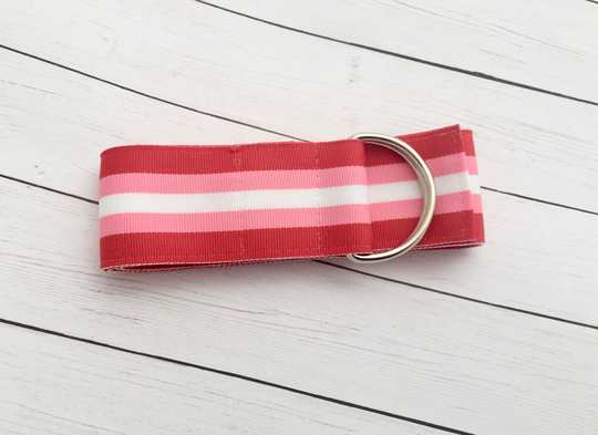Women's Red, Pink, & White Striped Grosgrain Ribbon Belt, All Season Fall Winter Gold Or Silver Hardware