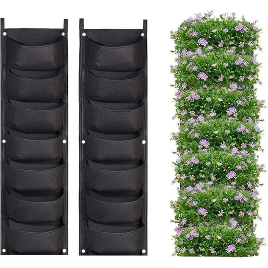 Hanging Planter Bags, 2 Pack 7 Pocket Vertical Wall Hanging Planter Planting Grow Bags Indoor Outdoor Gardening Vertical Green Flower Pot (Black)