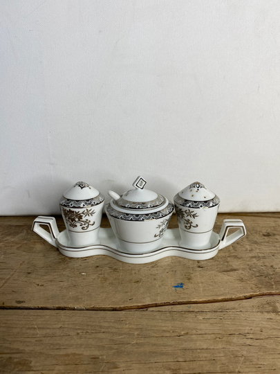 Vintage Noritake White & Silver 4 Piece Condiment Set. Salt, Pepper Mustard Spoon Set On A Saucer. Good Condition
