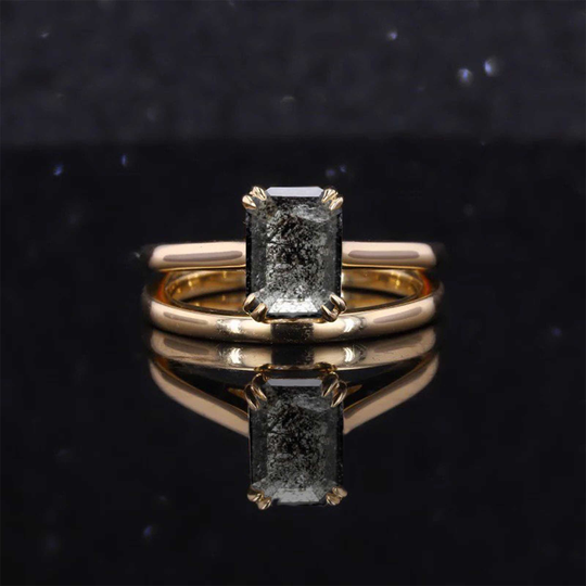 8x6mm Emerald Cut Salt & Pepper Diamond Minimalist Ring Wedding Band Set | Solid Rose, Yellow, White Gold Dainty Stimulant Rings