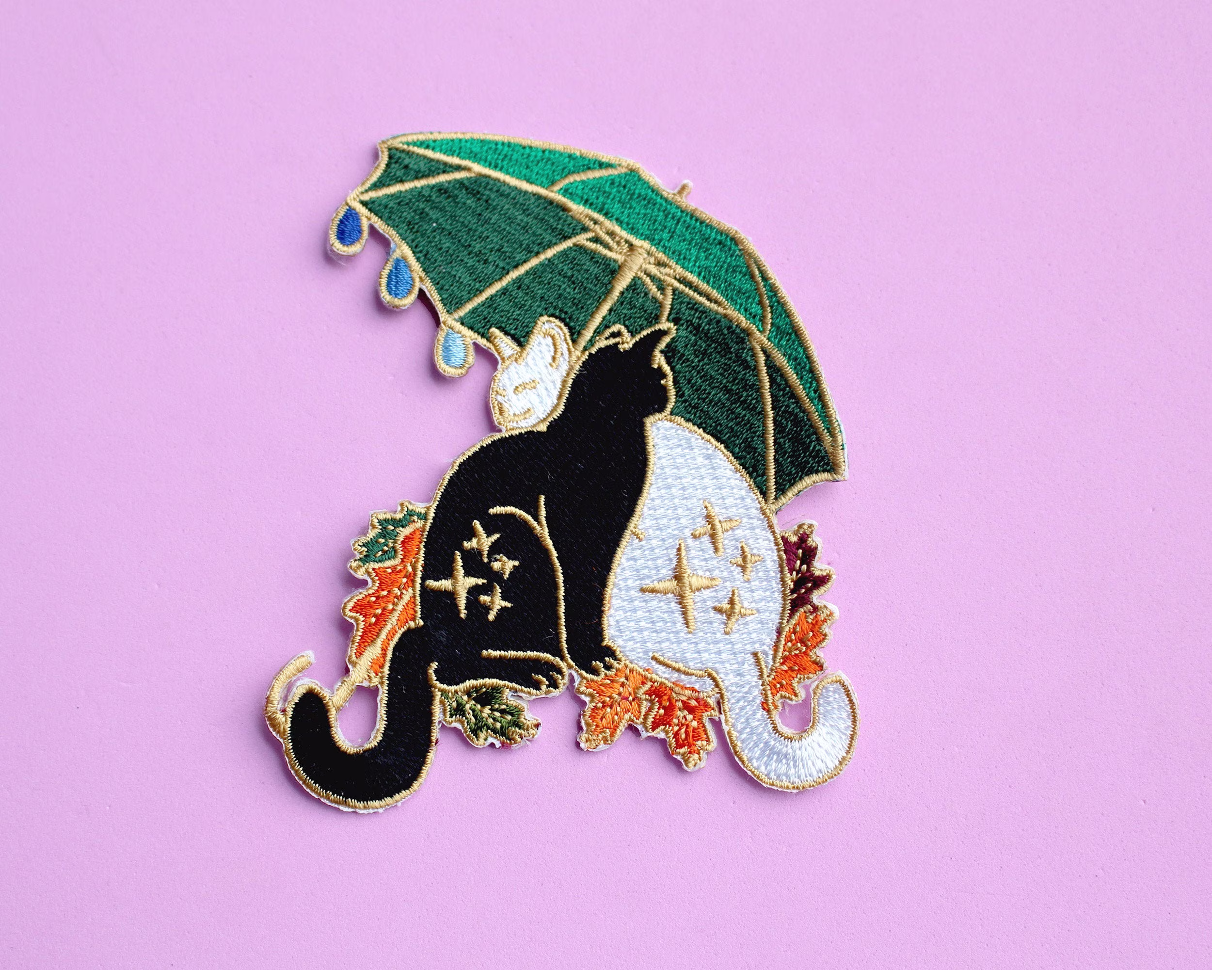 Umbrella Cat Iron On Patch Autumn Fall Cat Hugging Cats Seasonal Black & White Gift
