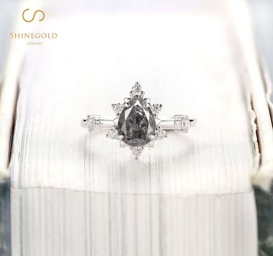 Unique Salt & Pepper Diamond Engagement Ring Vintage White Gold Round Cut Bridal Art Deco Moissanite Anniversary