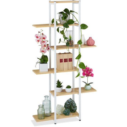 Relaxdays - Large Plant Rack, Modern Pot Holder with 6 Tiers, 150 x 78 x 24 cm, Black Metal Frame, mdf Shelving, Brown